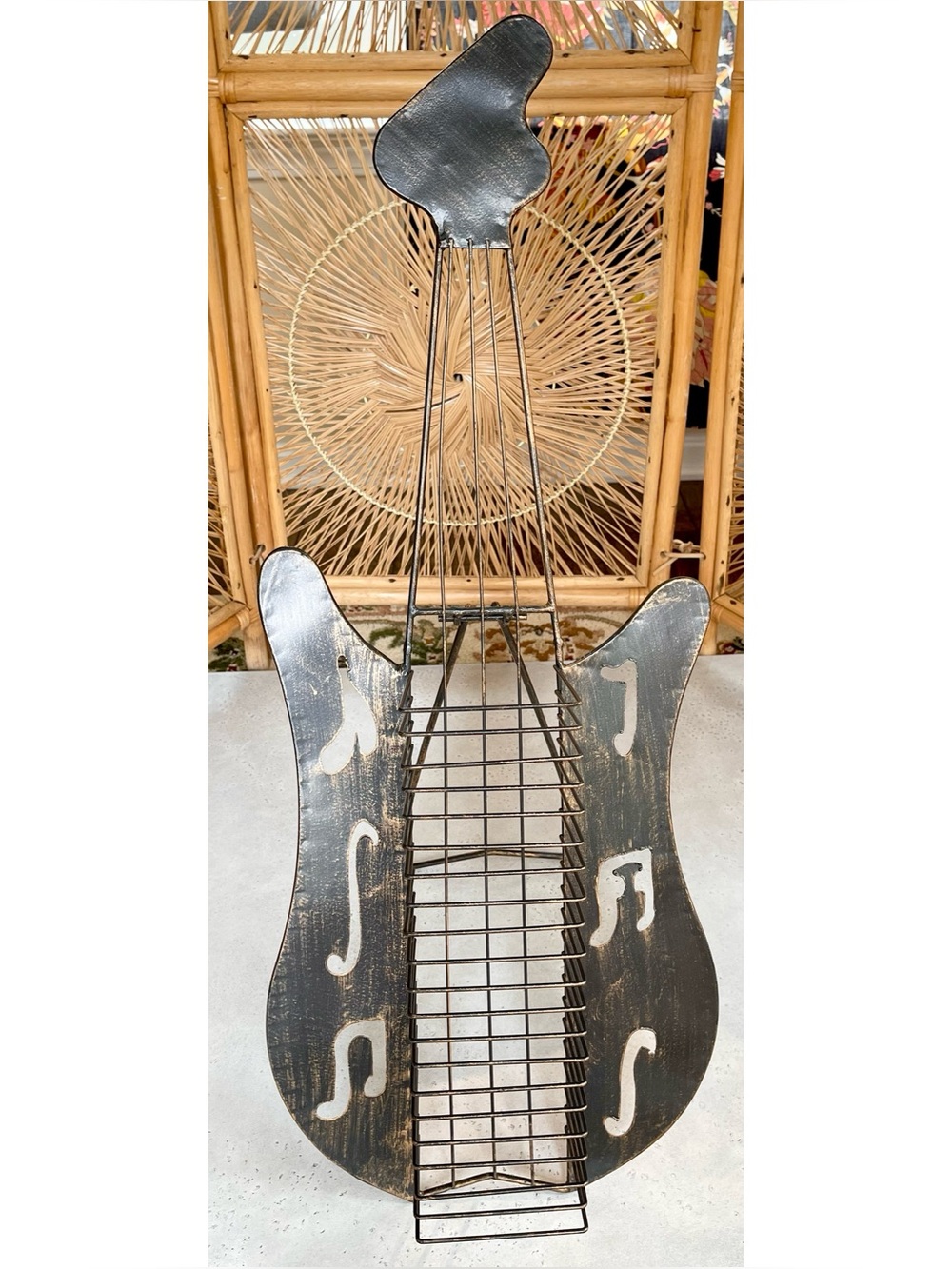 Vintage Metal Brutalist Style Grunge Guitar Shape CD Holder Stand Floor